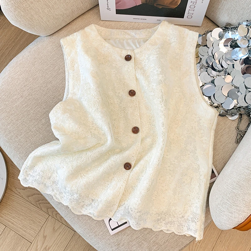 小香风提花无袖蕾丝衬衫女2025夏季新款设计感气质开衫马甲上衣潮