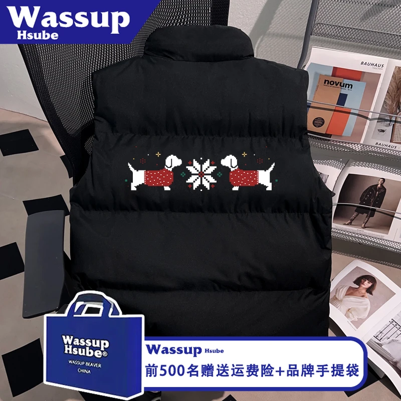 WASSUP HSUBE秋冬季男女款加厚拉链上衣雪花小狗印花保暖黑色马甲