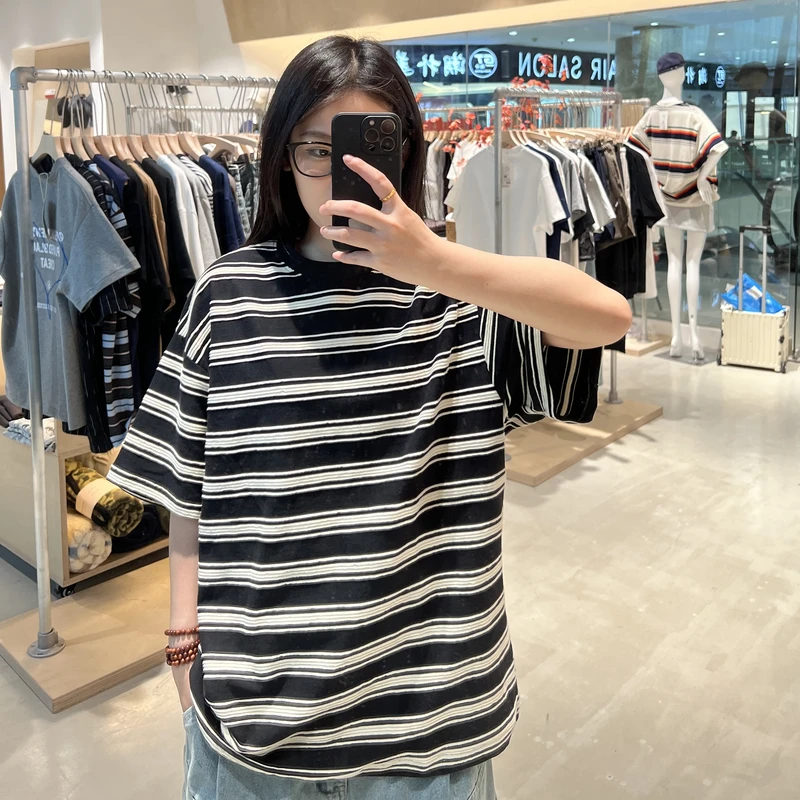 条纹撞色免烫短袖宽松型圆领T恤牛肚布上衣LF25117