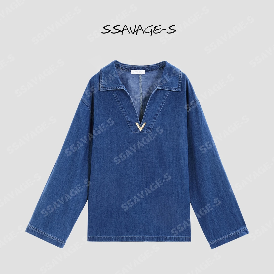 SSAVAGE“丹宁画报”复古宽松廓形V领翻领牛仔亚麻衬衫 SS90799