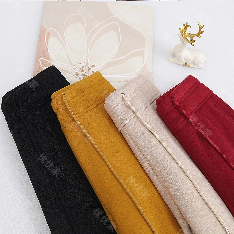 【波尔多红】冬季加绒加厚醋酸羊 绒裤高腰百搭休闲裤设计款直筒裤