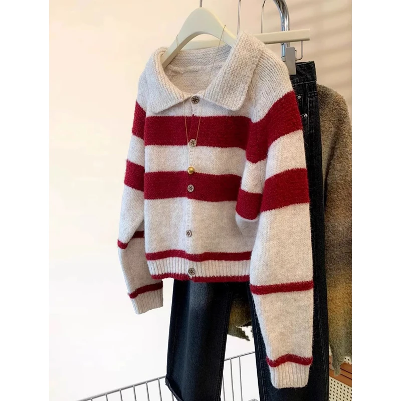 红色条纹翻领毛衣开衫外套女春秋软糯百搭宽松慵懒版外穿针织上衣