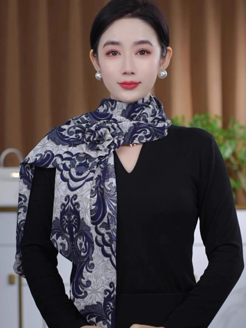 2025春季新款牛奶丝花朵丝巾长巾时尚保暖复古百搭护脖出游气质女