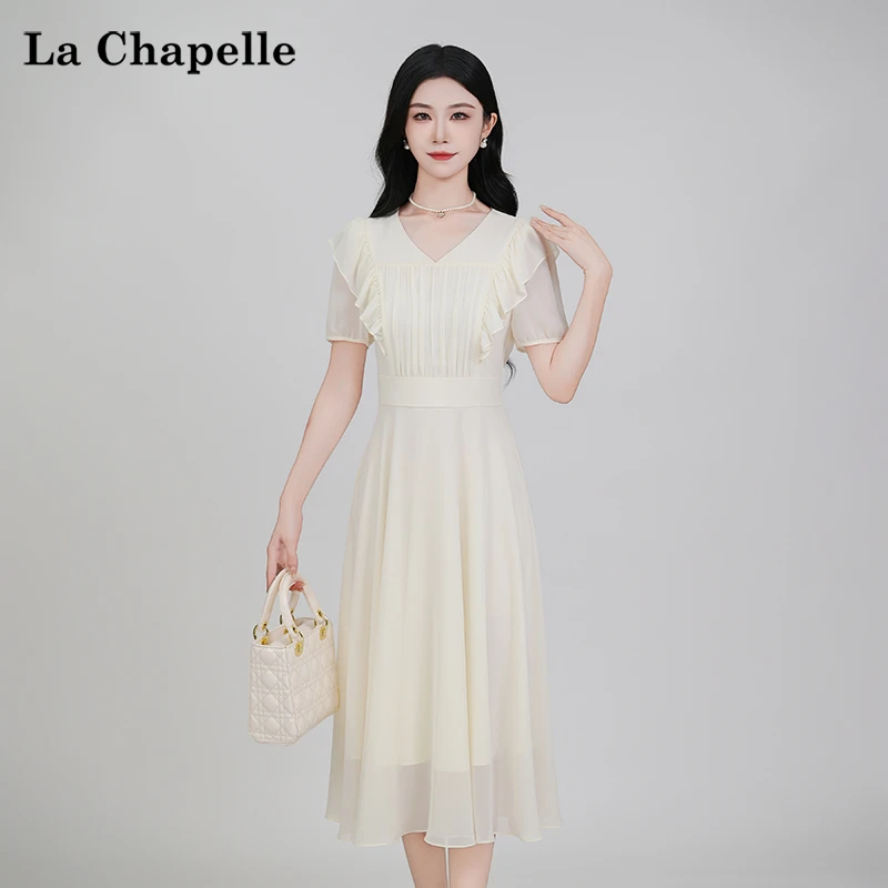 【拉夏贝尔】夏季法式设计感显瘦松紧腰短袖裙子女收腰连衣裙