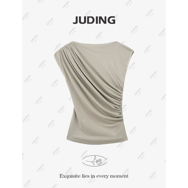 【轻氧假日】2025春季新款褶皱不对称无袖T恤女气质百搭上衣8092