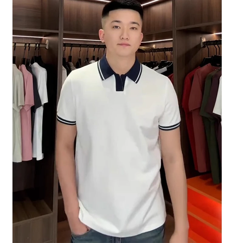 25春夏新款男士轻奢撞色意式小V领高品质棉珠地棉商务短袖Polo衫