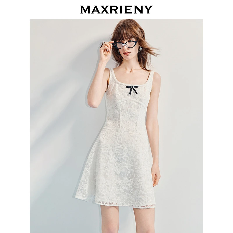 MAXRIENY2025年夏季新款蝴蝶结千金小香风花纱白色连衣裙复