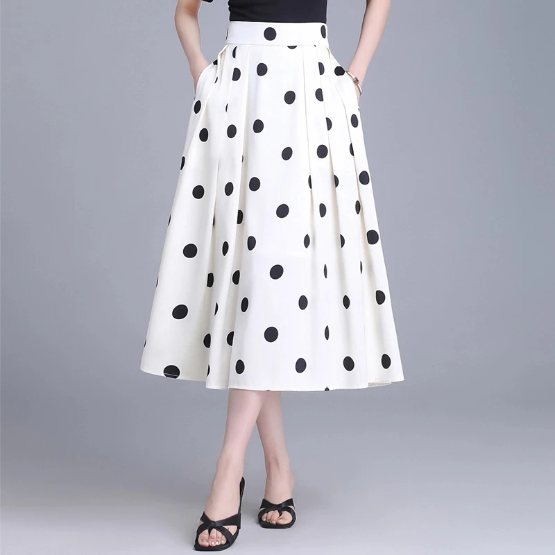 法式波点半身裙女夏季2025新款高腰气质缎面伞裙a字裙显瘦中长裙
