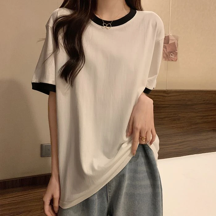 【230克纯棉】2025年新款纯棉短袖T恤撞色拼接新款女上衣