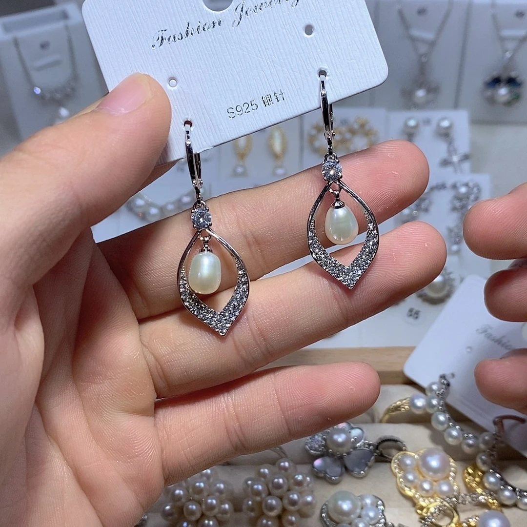 耳饰银S925镶嵌淡水珍珠