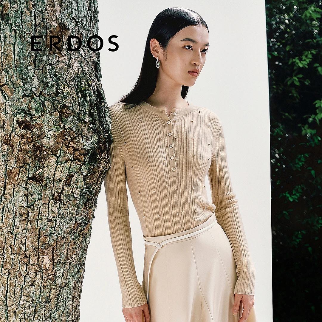 【精纺羊绒】ERDOS 圆领抽条针织衫春修身轻薄