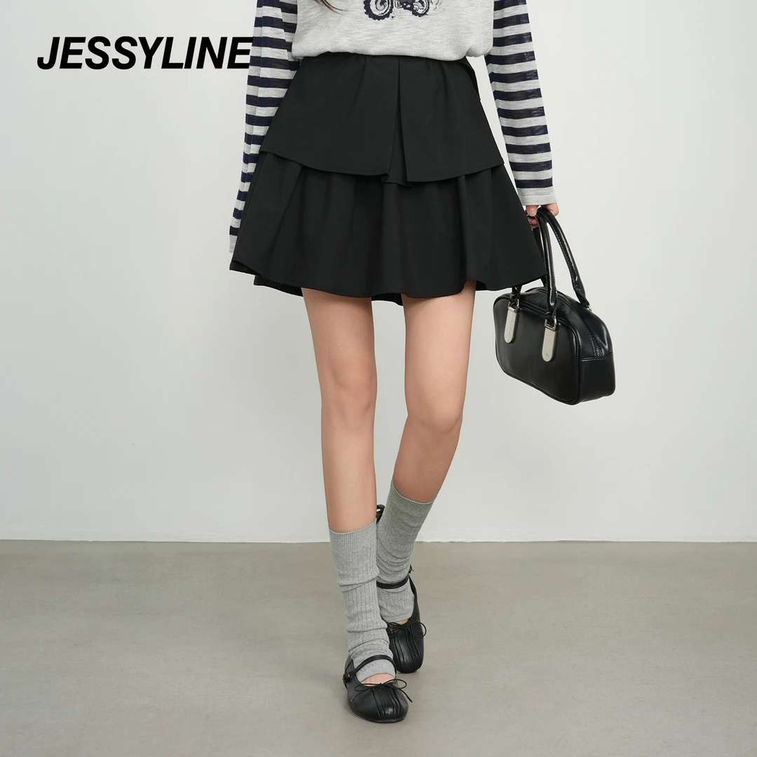 抖音双12好物jessyline 2025秋新款杰茜莱黑色短裙设计师款半身裙