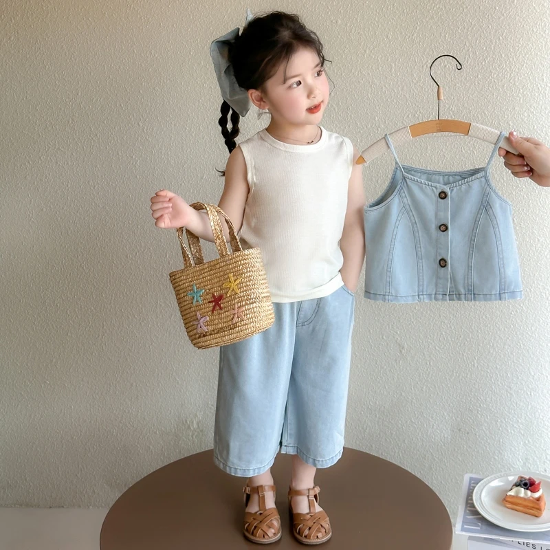 女童夏装牛仔套装2025新款儿童装背心吊带时髦三件套宝宝夏季衣服