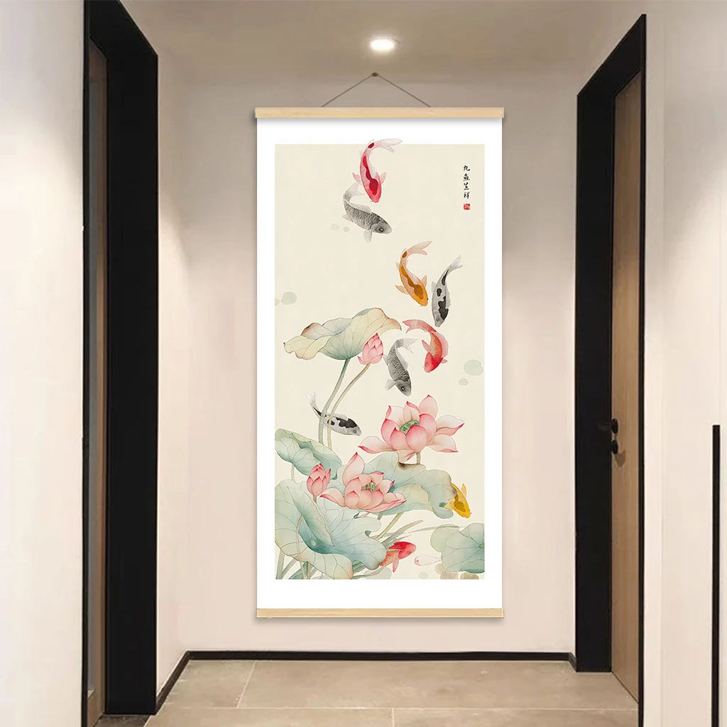 新中式玄关装饰画荷花九鱼图入户玄关中国风壁画客厅背景墙挂画