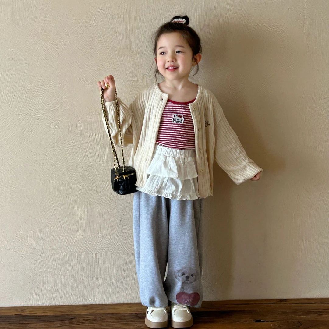 2025春女童韩版纯色针织开衫幼儿园外套条纹吊带卡通小狗休闲卫裤