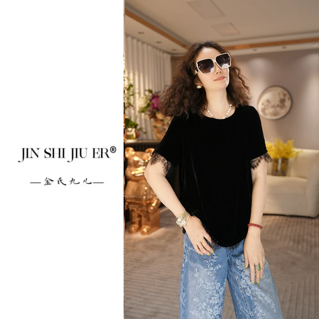 JIUER 真丝丝绒 [小心机]韩版拼接蕾丝后V字开叉短袖 时尚3033