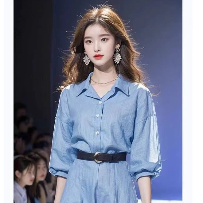 2025夏季新款小个子高端精致茶歇法式气质小香风蓝色衬衫连衣裙女