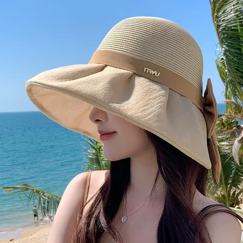 蝴蝶结拼接渔夫帽子女夏天韩版百搭显脸小遮阳防晒帽可扎马尾草帽