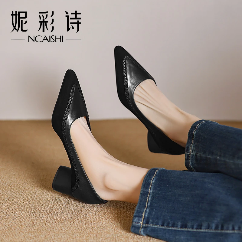 2025年欧美尖头灰色高跟鞋时尚气质真皮粗百搭舒适女鞋1281H