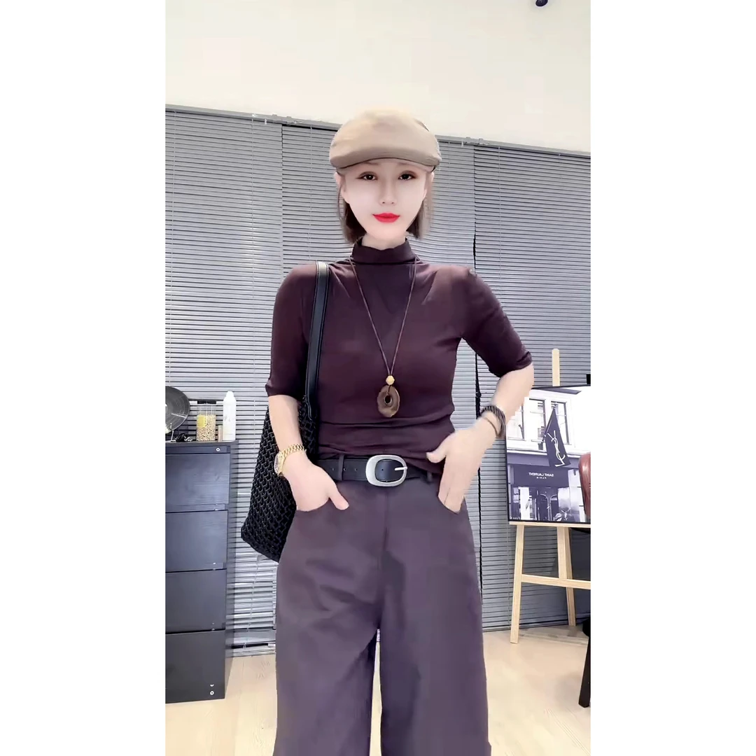 欧货时尚简约修身显瘦半高领纯色正肩中袖打底衫