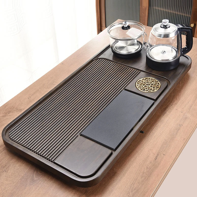 镶入式一体玻璃烧水壶整块实木茶盘家用排水全自动大茶台茶具套装