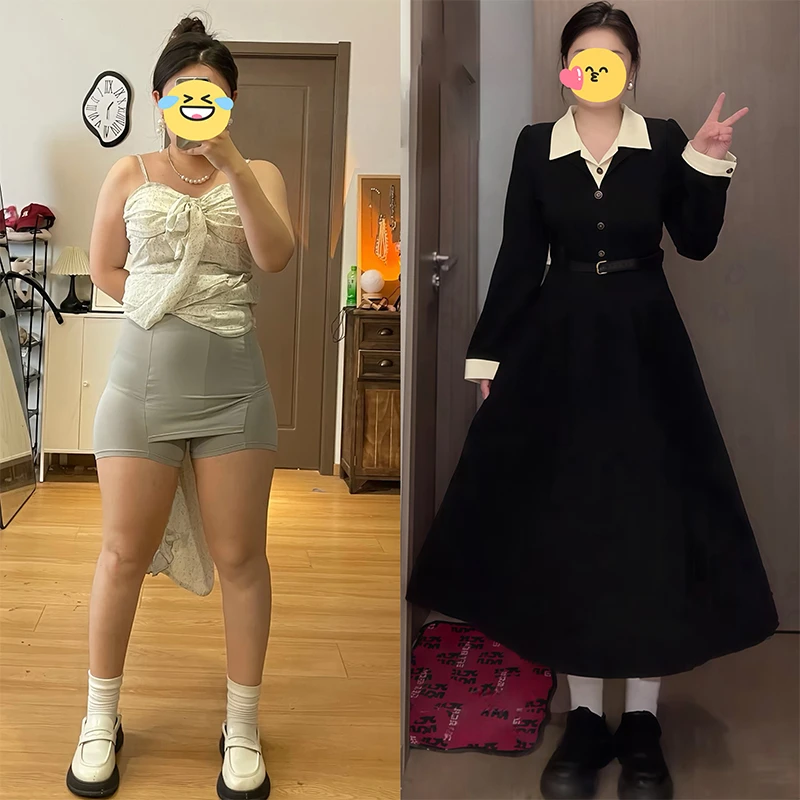 大码法式高级感小香风假两件黑色长袖连衣裙女秋冬季胖mm收腰长裙