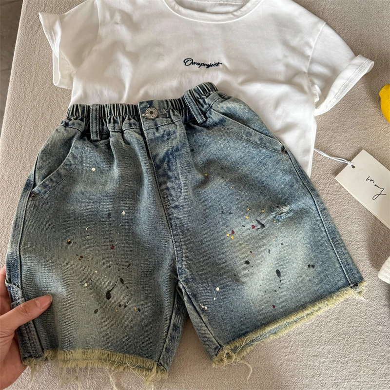 儿童短裤2025夏季男女童韩版泼点牛仔短裤宽松宝宝毛边短裤薄款