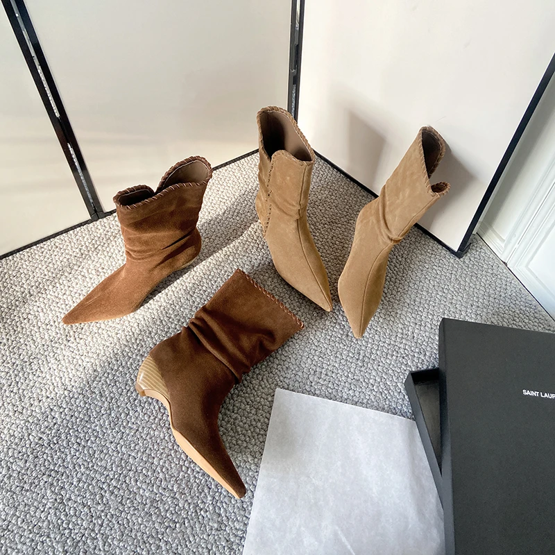 YUGE全皮~欧美风尖头粗跟西部短靴 马丁靴女靴中短筒靴4.5cm