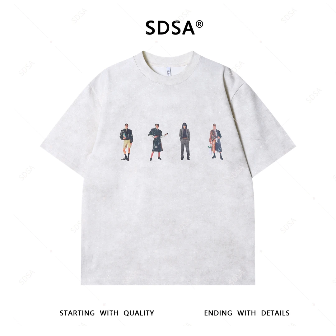 夏季高级感新款美式洒金人物设计印花圆领短袖T恤时尚嘻哈上衣