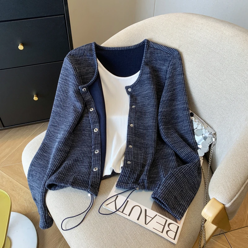 韩系假两件套圆领长袖t恤女早秋季2025新款休闲百搭抽绳开衫上衣