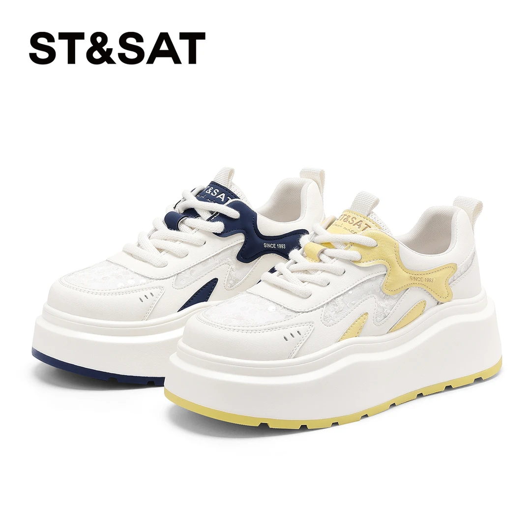 星期六时尚拼色休闲鞋女2025新款潮流百搭厚底增高简约舒适松糕鞋