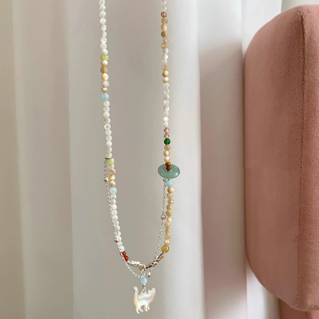 铜合金项链 多巴胺双层彩色串珠猫咪项链夏小清新创意百搭锁骨链