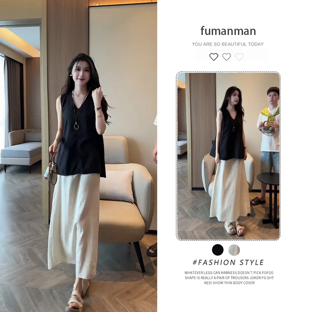 夏季韩系套装女2025新款气质感V领无袖上衣搭配显瘦半身裙两件套