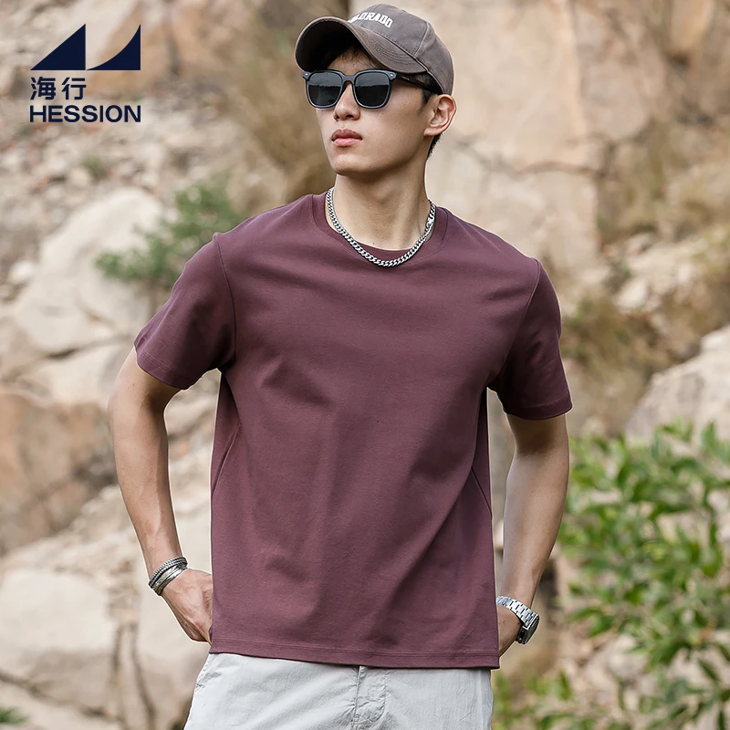 海行紫色户外260g重磅宽松短袖男 2025年夏季新款透气圆领正肩T恤