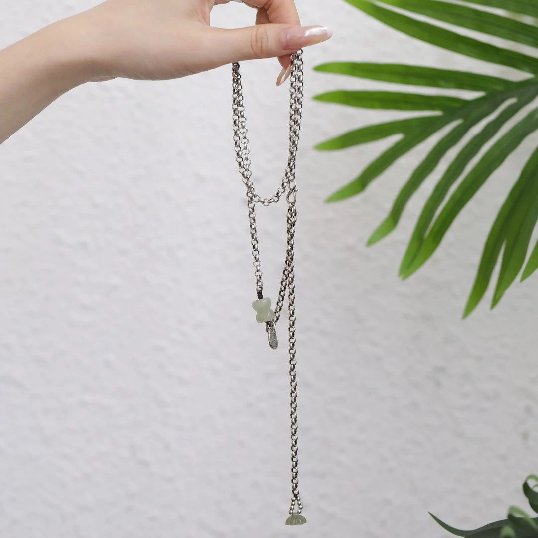 N18074 s925银链条和田玉莲蓬和田玉并蒂莲吊坠扎基拉姆吊坠项链