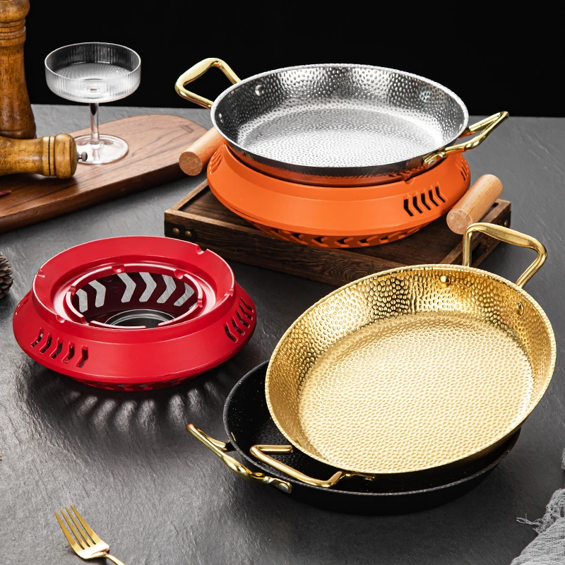不锈钢西班牙海鲜饭锅加厚商用韩式炸鸡盘金色火锅干锅盆平底锅仔