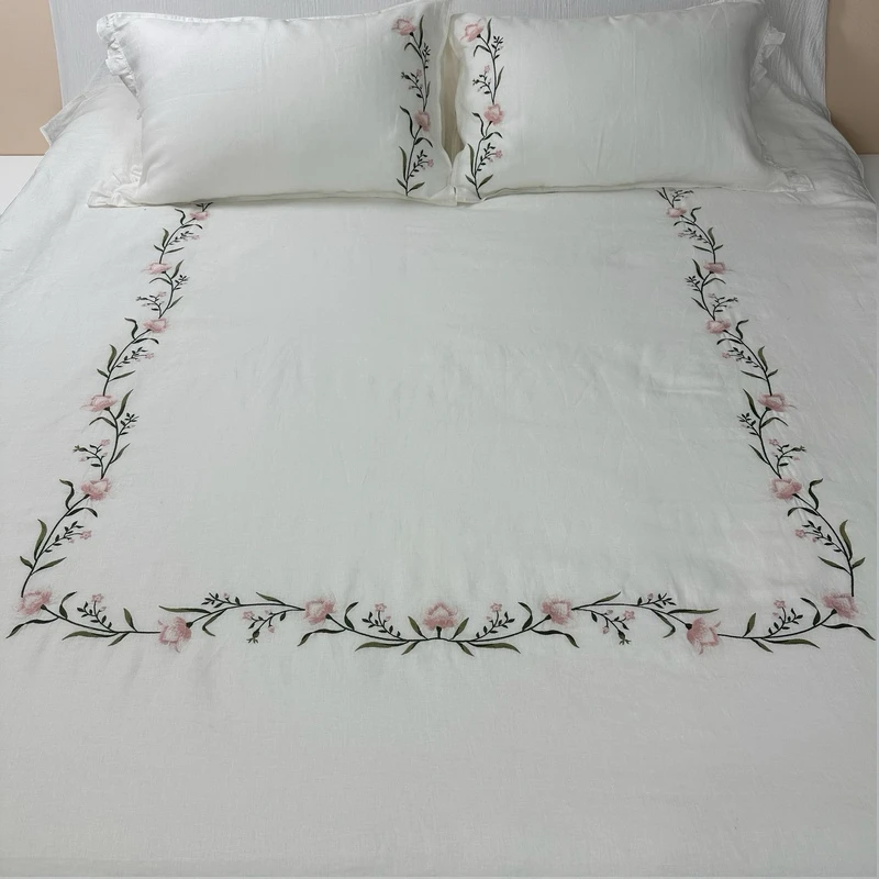 2025新款「粉运」法国诺曼底亚麻雨露麻高奢刺绣四件套干爽亲肤