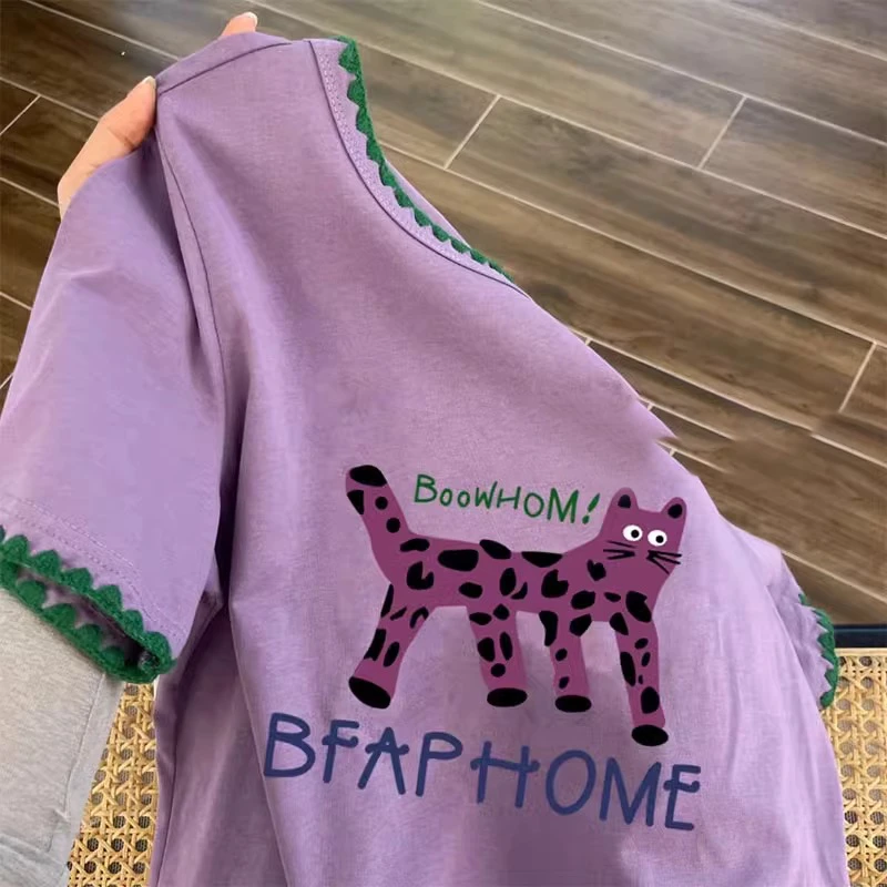 0769465韩系童装女童夏季短袖2025新款儿童洋气宽松拼色印花上衣