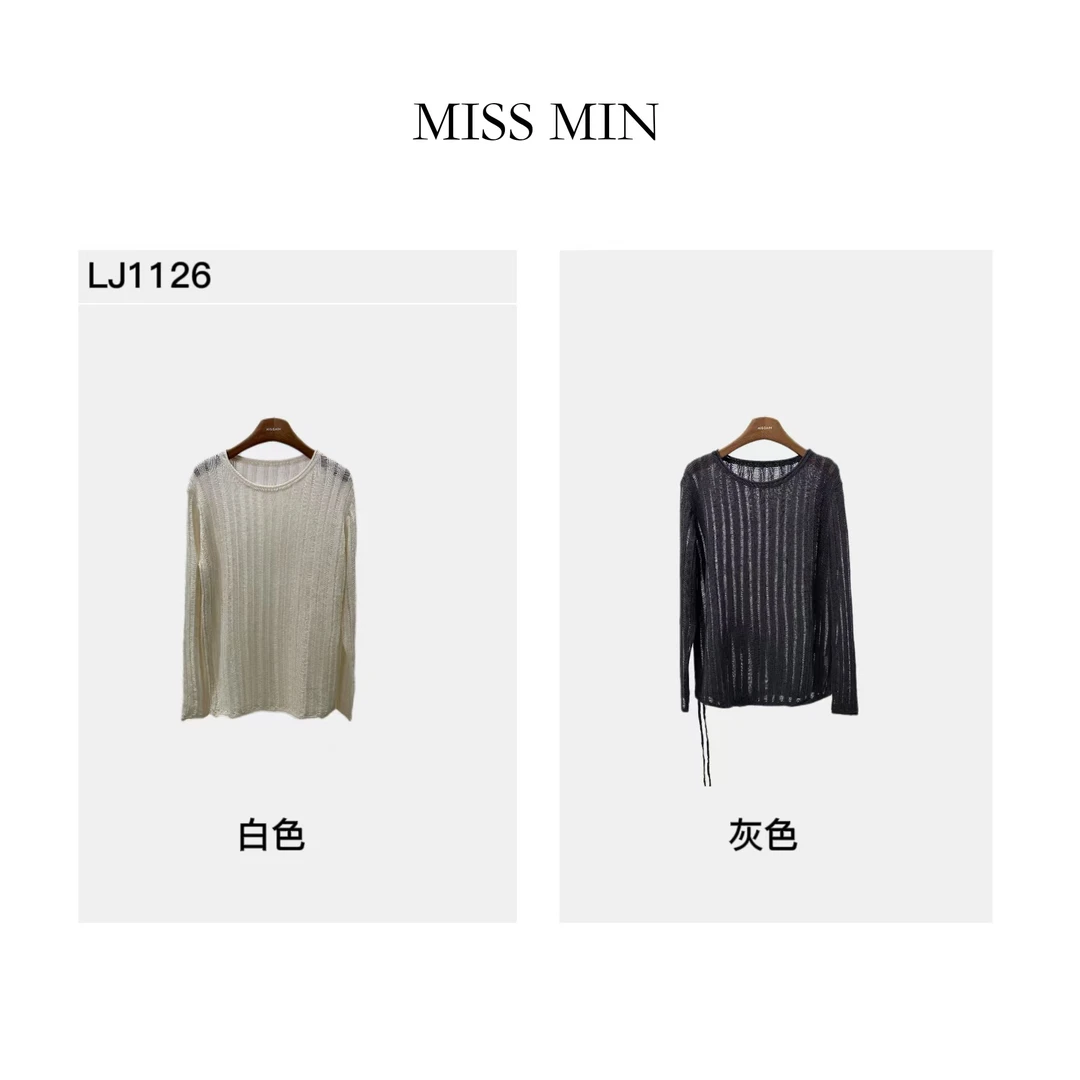 MISS MIN LJ1126春夏新款盈感绵抽绳镂空长袖针织衫时尚圆领毛衫