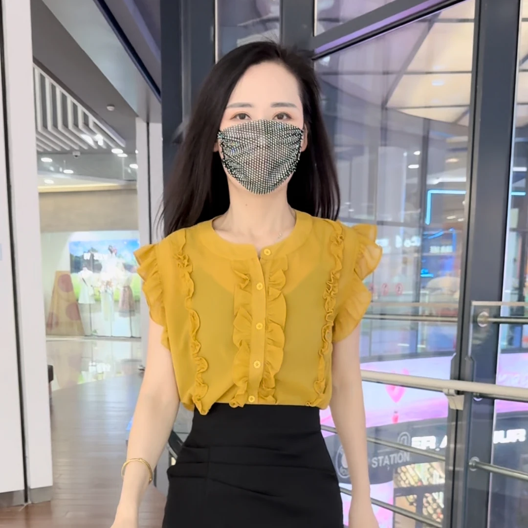 夏季薄款宽松型纯色木耳边衬衫设计感小众显瘦上衣