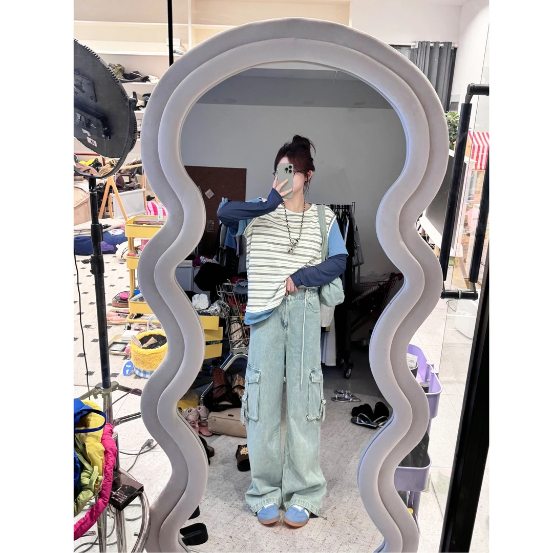 【马德里幻想】美式高街水洗大口袋高腰半松紧阔腿牛仔裤