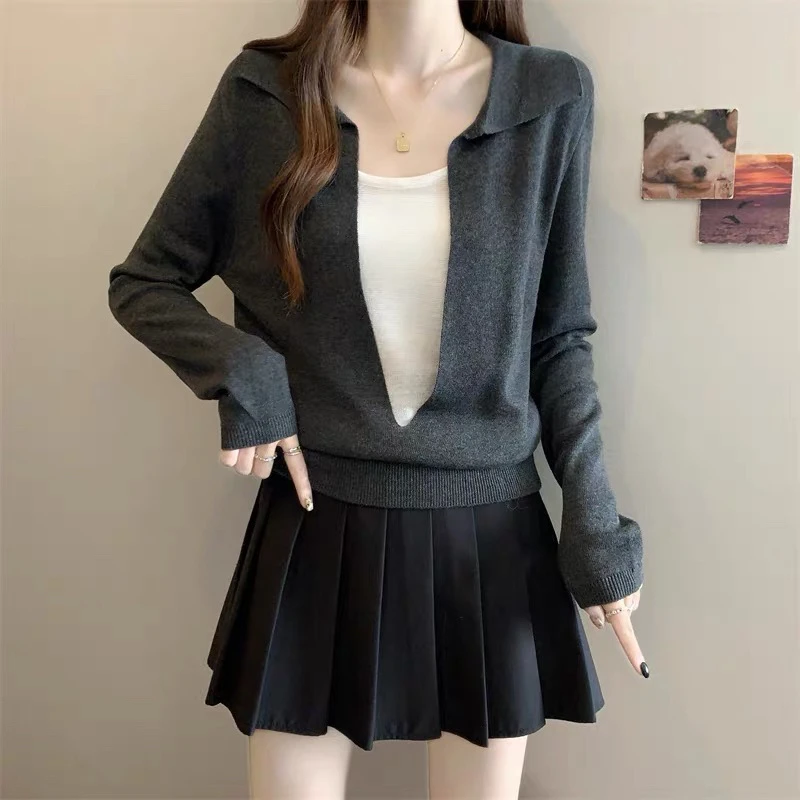 洋气翻领假两件长袖针织衫女2025秋冬新款设计感修身显瘦百搭上衣