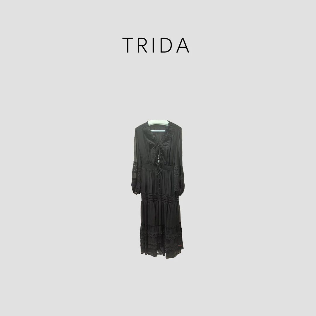 【Trida】进口优质100桑蚕丝黑色长袖V领修身收腰连衣裙5332SCS