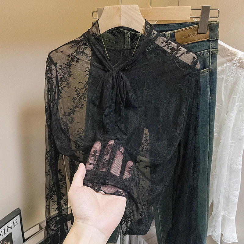 文艺复古韩系洋气内搭前后两穿绑带蕾丝薄纱打底黑色长袖上衣女式