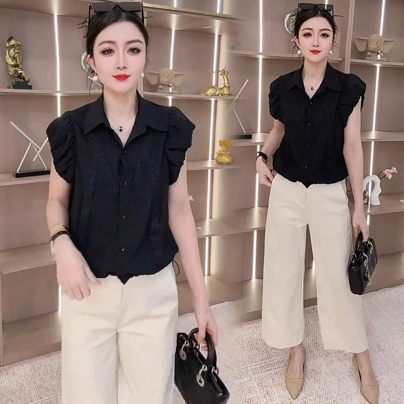 时尚设计感短款衬衫上衣女2025夏季新款小飞袖短袖显瘦休闲衬衣潮