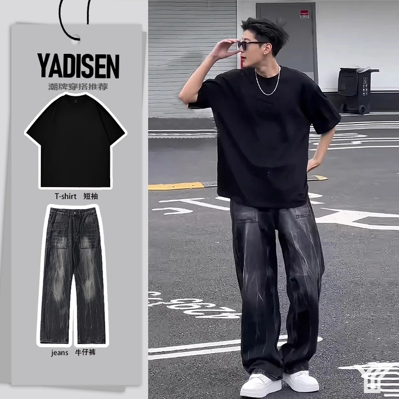 美式重磅纯棉短袖T恤夏季男士宽松百搭上衣服痞帅高级感休闲套装