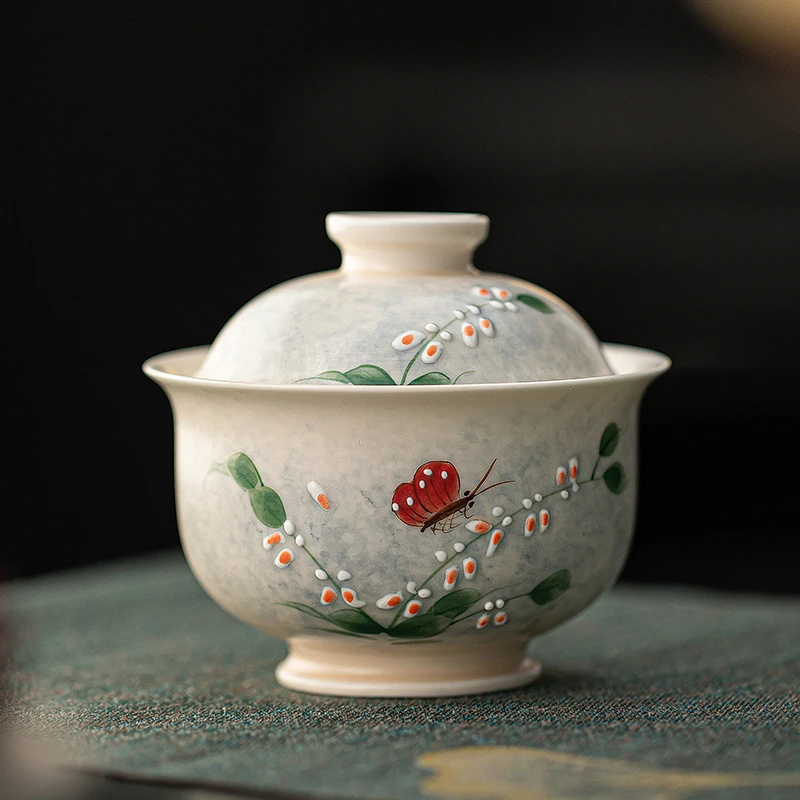 百垚手绘文心兰德逸二才盖碗茶杯不烫手陶瓷新中式田园风茶具茶碗