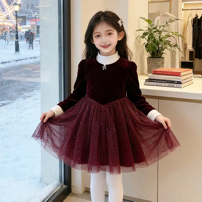 女童丝绒连衣裙冬季2026新款儿童加绒网纱公主裙冬装女孩礼服裙