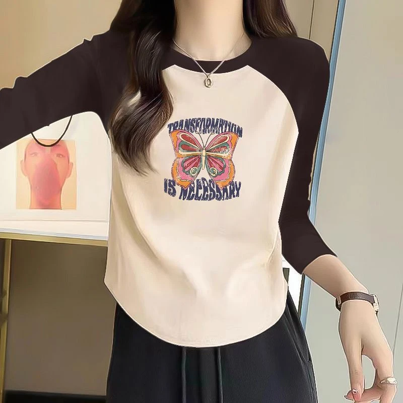 2025新款洋气减龄内搭小众设计感蝴蝶印花上衣秋冬季德绒长袖t恤