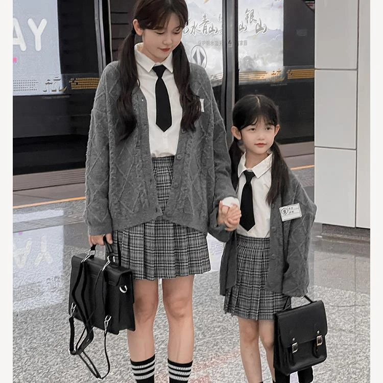 清 幼悠 女童 秋一波CD0548 校园风亲子套装毛衣开衫